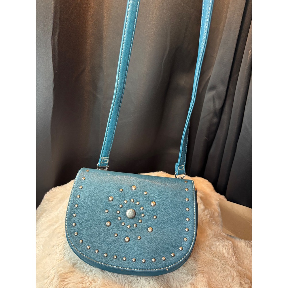 Grace Adele Teal Blue Studded Faux Leather Crossbody Bag Western Boho Small